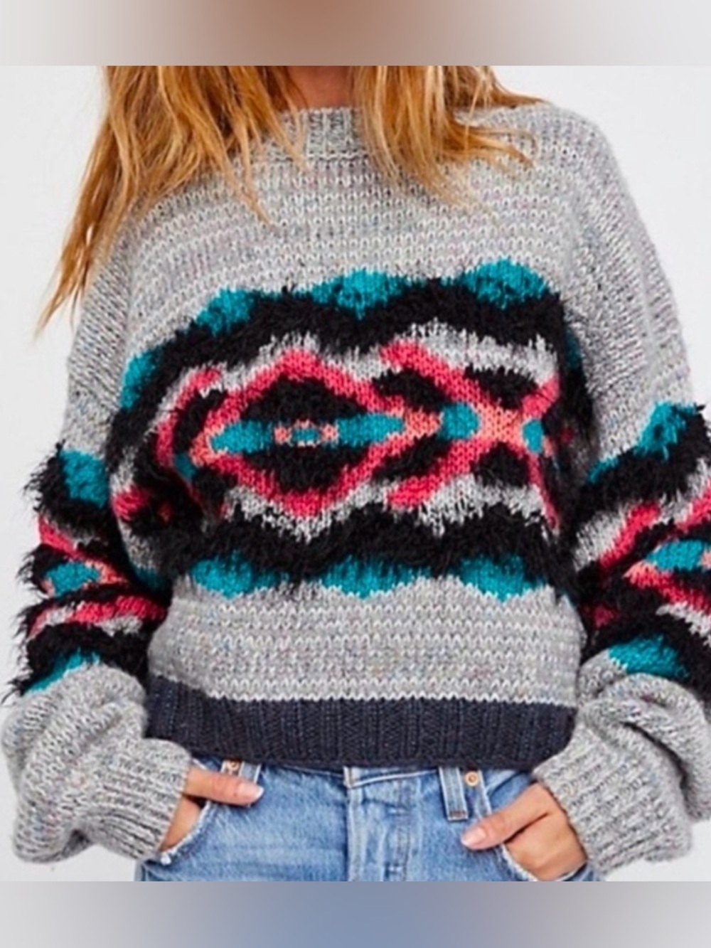 Free People Wool Blend Oversized Cropped I Heart You Aztec Knit Sweater Size S
